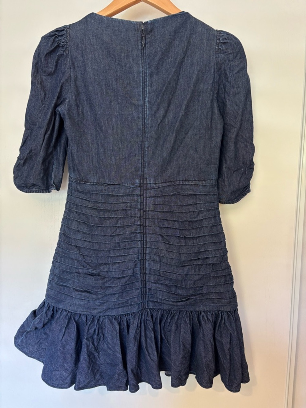 Tanya Taylor Pansy Mini Dress Size 2 Ruched Denim Americana Ruffle Tier Flounce - Picture 3 of 15